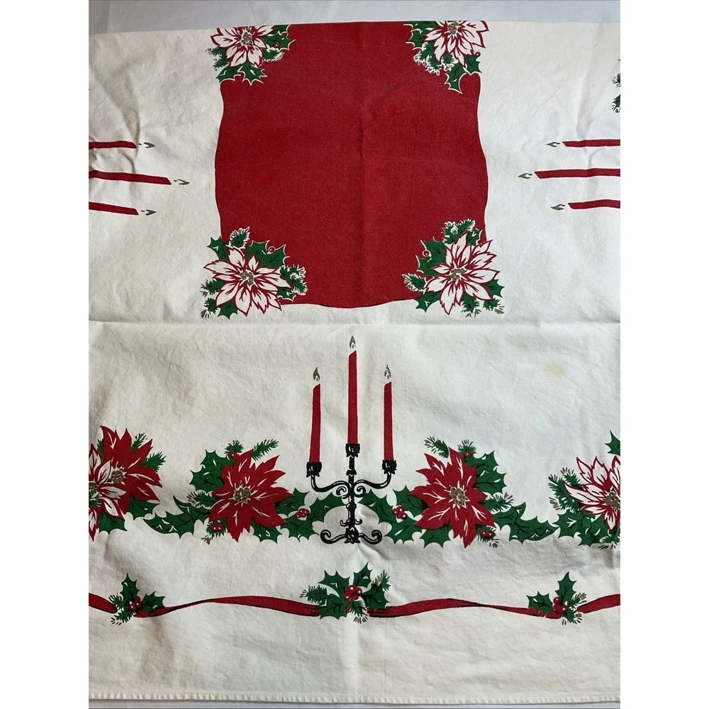 Vintage 100% Cotton Christmas Tablecloth Poinsettia Holly 62 X 48 Retro Holiday